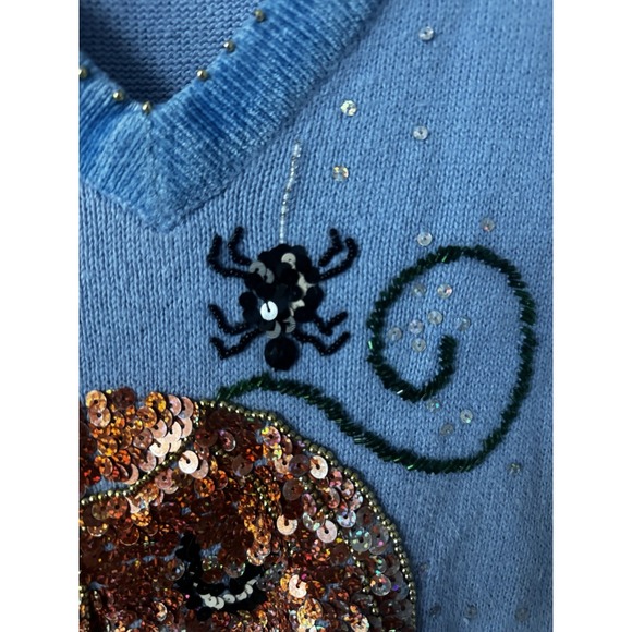 Quacker Factory Sweater Womens Large Halloween Pumpkin Sequin Pullover Spider - Picture 4 of 10